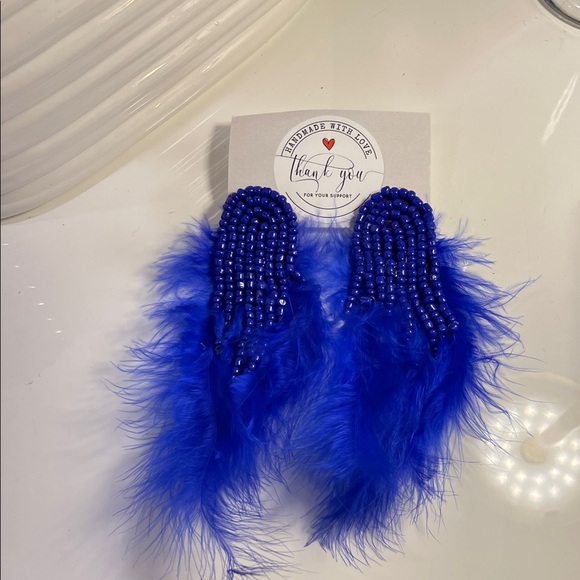 Handmade Jewelry - Blue Feather Beaded Earrings